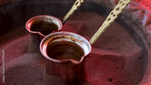 Traditional Turkish Coffee Brewing in Hot Sand at Sirince, Turkey – Slow Motion Footage