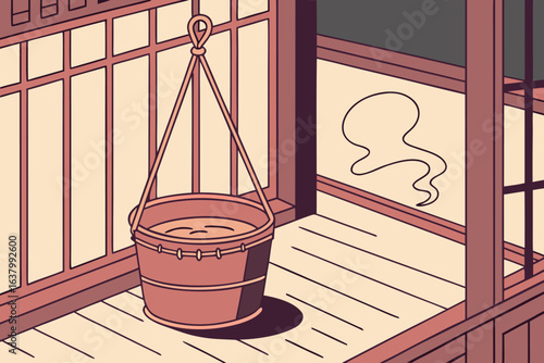 Illustration of a hanging bucket filled with water on a porch with a ghost figure on the wall