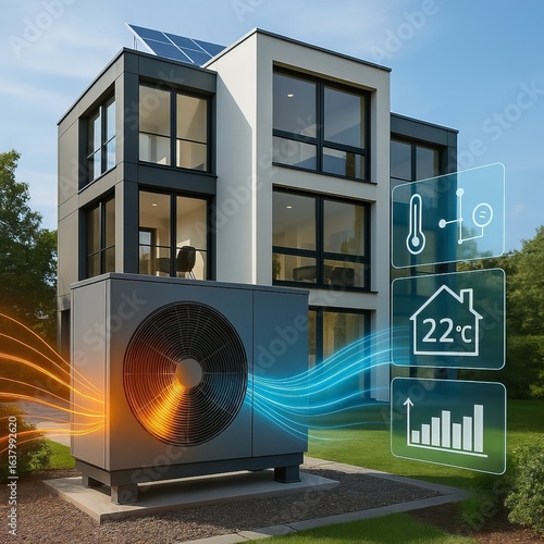 Modern smart home with heat pump system displaying digital temperature control interface