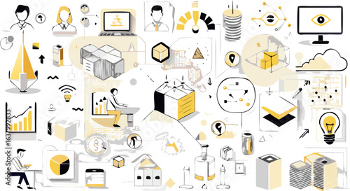 Illustration showcasing various business and technology concepts with charts and diagrams in yellow and black silhouette