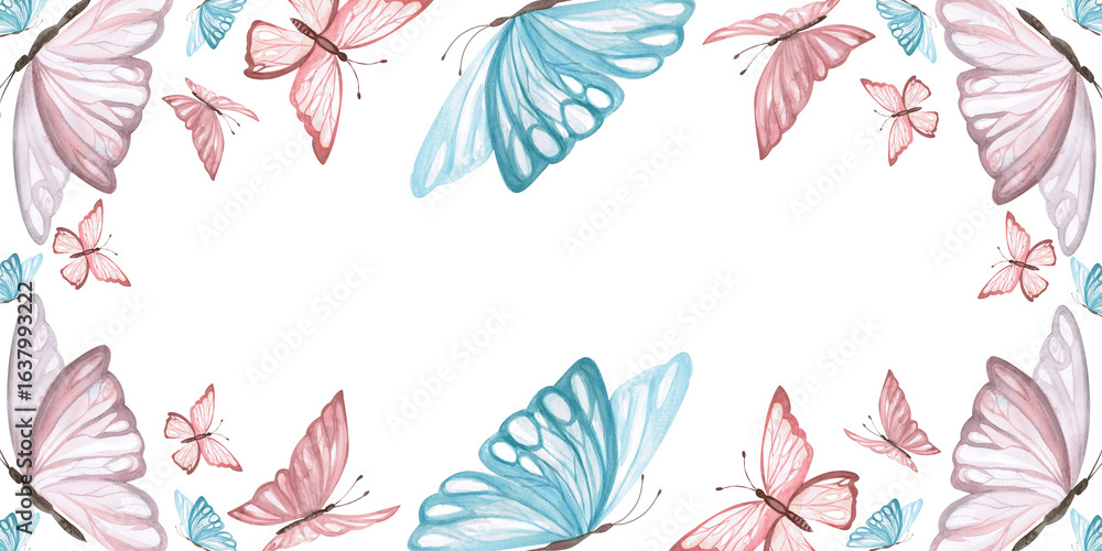 Fototapeta premium Rectangular frame with butterflies. Isolated watercolor illustration with graceful insects for design of children's goods, interiors, textiles and clothes, printing on postcards.