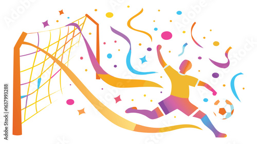 A soccer player kicking a ball into a goal net surrounded by confetti and festive decorations all around