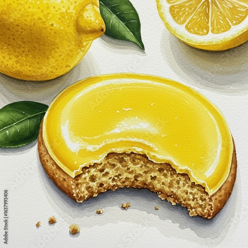 Close-up of a bitten lemon cookie topped with glossy yellow icing, surrounded by fresh lemons and green leaves on a white background.