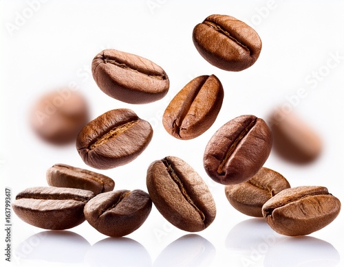 falling coffee beans on white background