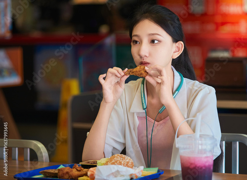 A cute Chinese girl enjoying a hearty meal at a fast-food restaurant in a shopping mall.