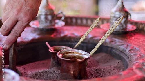Traditional Turkish Coffee Brewing in Hot Sand at Sirince, Turkey – Slow Motion Footage