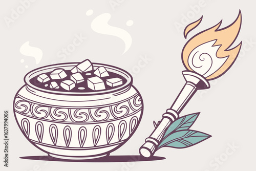 Illustration of a steaming pot filled with cubes and a torch with leaves lying beside it nicely done