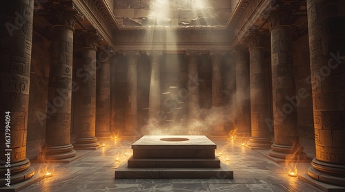 Ancient Greek Temple Interior with Beam of Light and Fire Pit