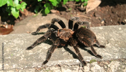 A large, hairy brown tarantula sits on a concrete ledge in a natural setting, a close-up of a wild arachnid in its habitat.