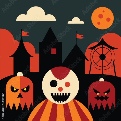 Haunted carnival scene with creepy clowns fog and broken rides