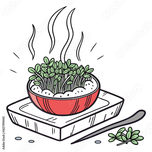 Illustration of fresh sprouts in a red bowl on a white tray with steam and a spoon next to some sprouts