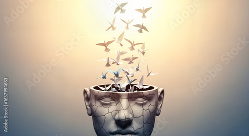 Mindfulness and Freedom Concept with Birds Flying from a Cracked Head