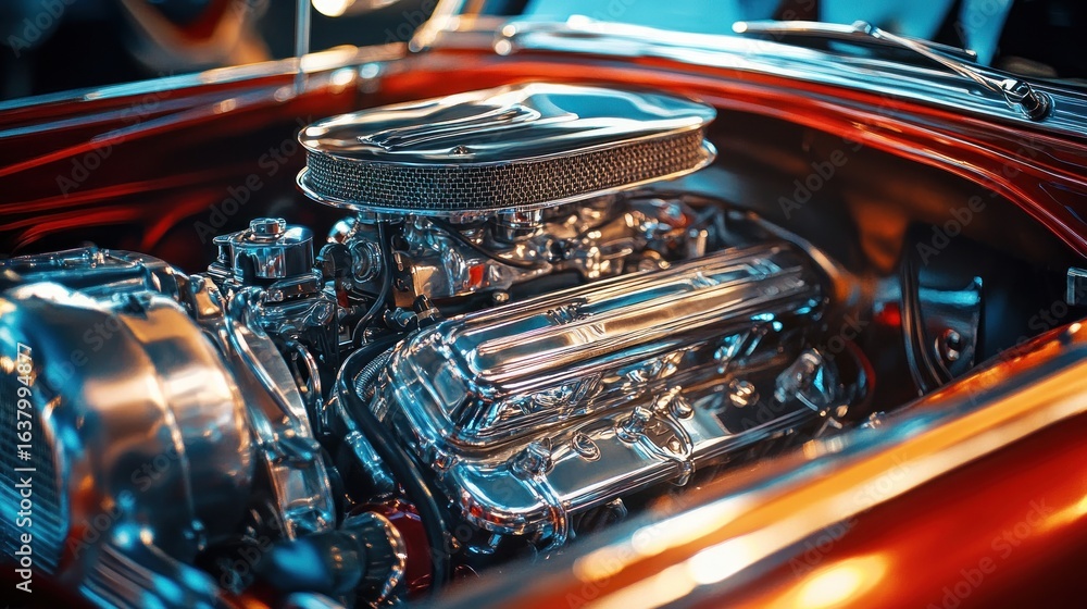 Fototapeta premium Polished chrome V8 engine in classic car.