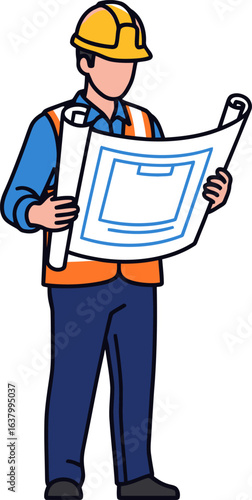 A construction worker in a hard hat and safety vest studies a large architectural blueprint.