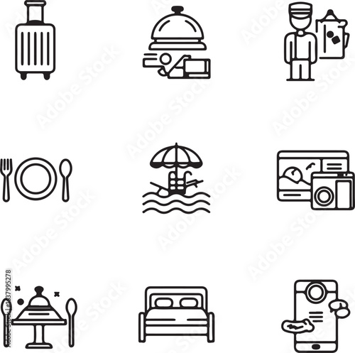 Travel and Hospitality Icons Including Suitcase Dining Pool and Bed tourism hotel