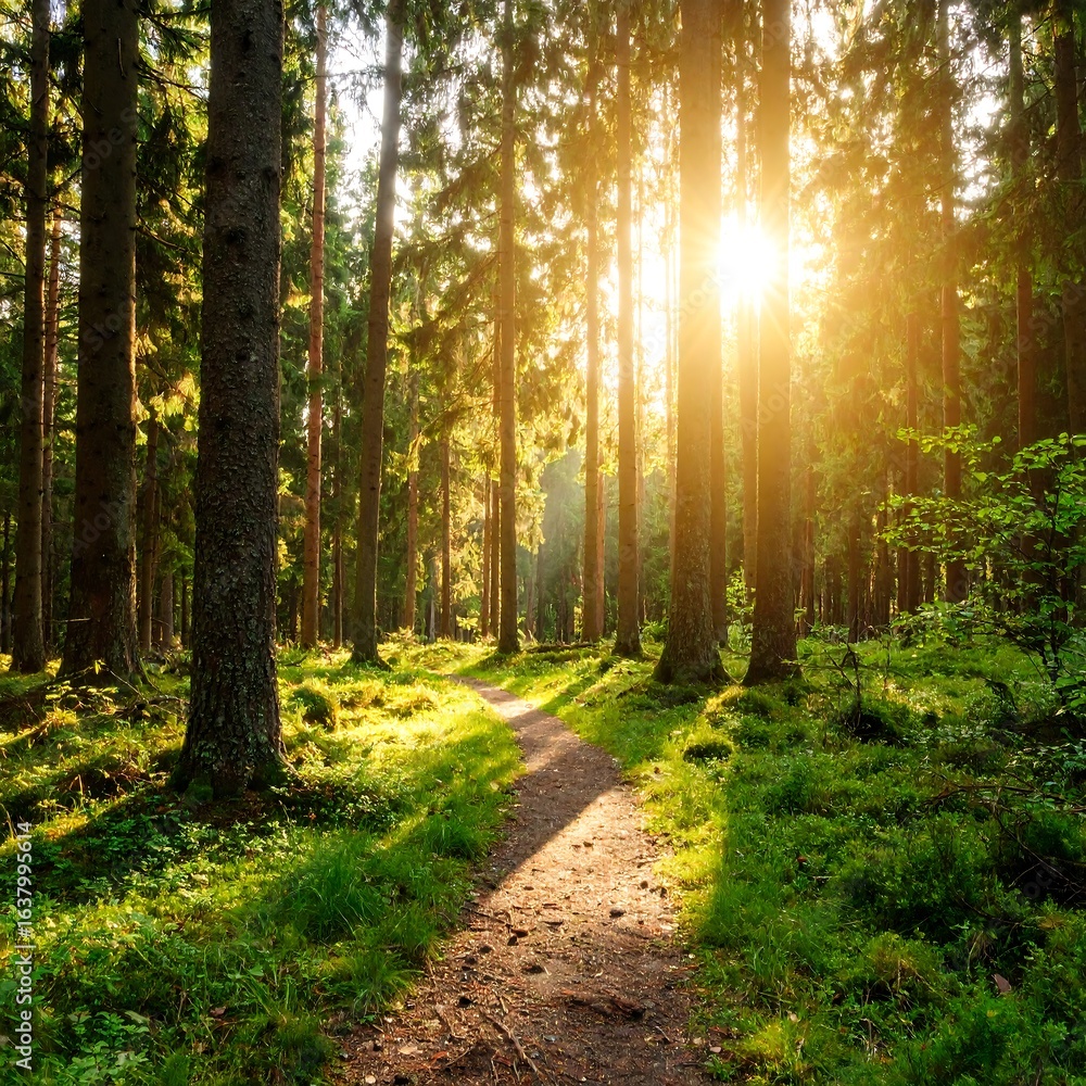 Obraz premium Sunlit path through lush, green forest