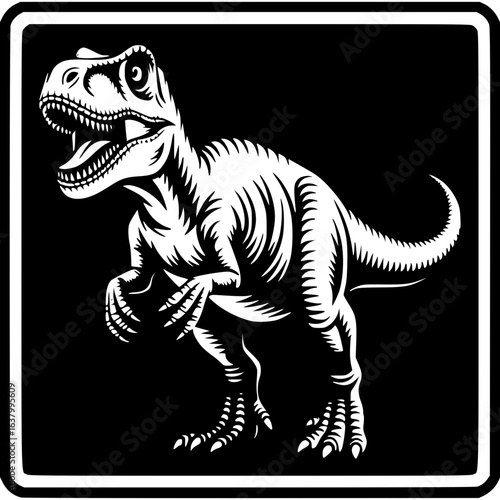 T-Rex Illustration in a black Square: A commanding black and white illustration of a ferocious T-Rex, rendered in a dynamic and powerful pose. This image represents ancient world.