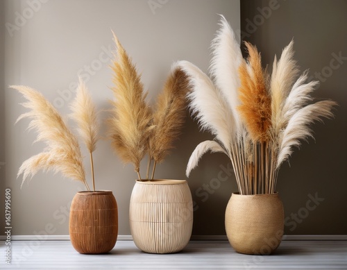 dried pampas grass in neutral containers creates minimalistic botanical display showcasing various colors and textures for serene atmosphere