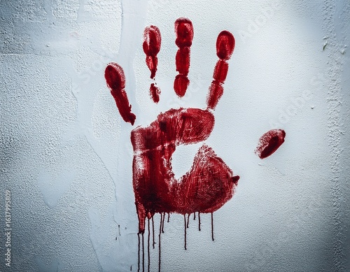 bloody handprint on white wall horror concept
