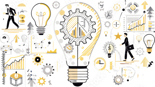Illustration of a lightbulb with gears and graphs representing business and innovation concepts idea generation silhouette