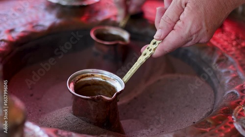 Traditional Turkish Coffee Brewing in Hot Sand at Sirince, Turkey – Slow Motion Footage