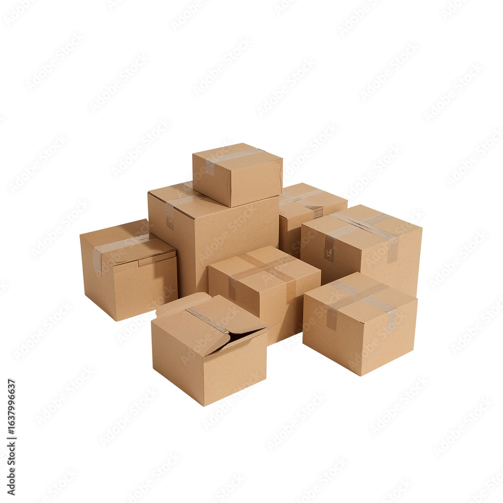 Fototapeta premium Pile of cardboard boxes on black background representing packaging and delivery solutions