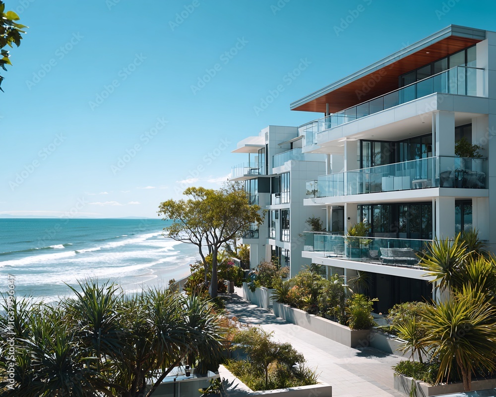 Fototapeta premium Modern Beachfront Apartment Building with Ocean View