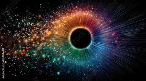 Abstract depiction of a cosmic event with bright colors, radiating energy, and dark central form.