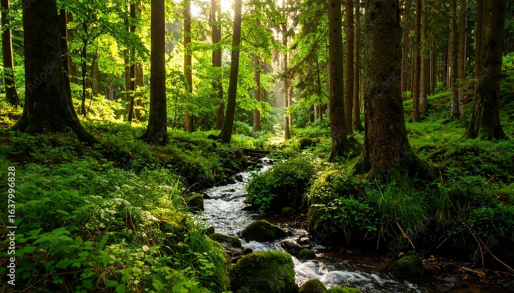 Sunlit stream flows through lush green forest Sunlit stream flows through lush green forest