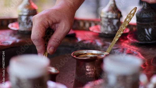 Traditional Turkish Coffee Brewing in Hot Sand at Sirince, Turkey – Slow Motion Footage