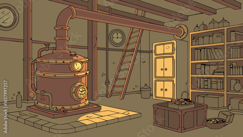Illustration of a basement scene with a large copper still ladder and storage cabinets present in view