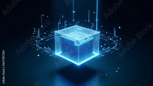 Glowing Transparent Digital Package Box Suspended In Mid-Air With Neon Blue Data Streams And Circuit Patterns