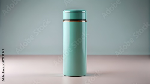 Wallpaper Mural A sleek mint green thermos bottle with a gold accent stands against a soft bluegrey background, representing modern portable beverage containment and style Torontodigital.ca