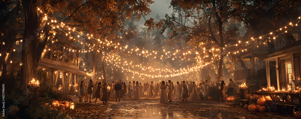 Obraz premium Hosting a harvest-themed dance party, October 30th, music and dancing under fall lights, 4K hyperrealistic photo.