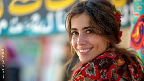 Wallpaper Mural Happy woman in traditional outfit smiling at the camera. Torontodigital.ca