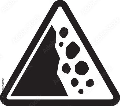 Falling rocks caution silhouette vector icon, ideal for road safety, hazard warnings, and danger alerts.