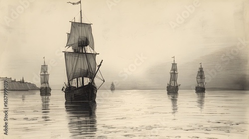 18th Century Ship Fleet in the Harbor