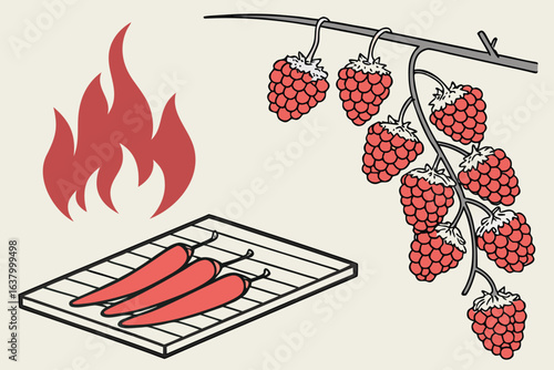 Illustration showing red chili peppers on a grill with flames and raspberries hanging from a branch