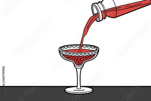 Red liquid being poured from a bottle into a stemmed glass on a dark surface with a white background