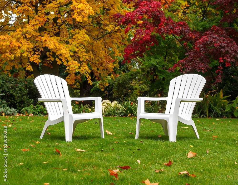 Two white chairs face each other on a lawn, autumn leaves scattered, vibrant fall foliage backdrop Two white chairs face each other on a lawn, autumn leaves scattered, vibrant fall foliage backdrop