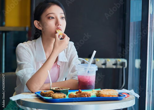 Foto A cute Chinese girl enjoying a hearty meal at a fast-food restaurant in a shopping mall