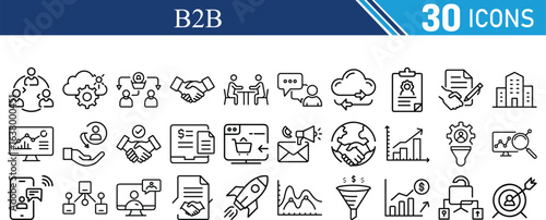 B2B icon set line editable stroke. Business to business, supplier, commerce, vendor, enterprise, partnership, manufacturer, purchase order, supply chain and more. Vector icons collection.