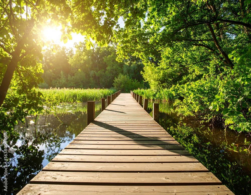 Obraz premium Sunlit wooden boardwalk over calm water, lush green foliage framing the path