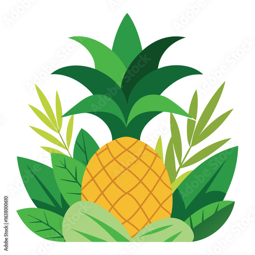 Pineapple tree with large fruit and spiky green leaves tropical plant illustration