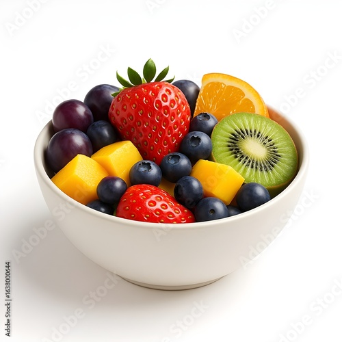 Fresh Mixed Fruit Salad in White Bowl on White Background