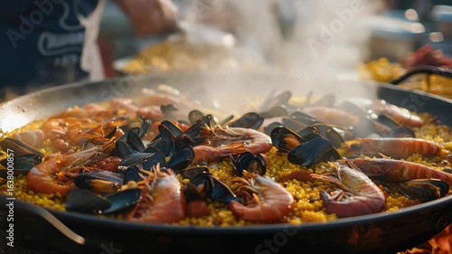 A delicious seafood paella being cooked over an open flame, featuring mussels and shrimp as the main ingredients.