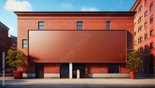 red brown brick building on the building is a long rectangular blank sign mockup