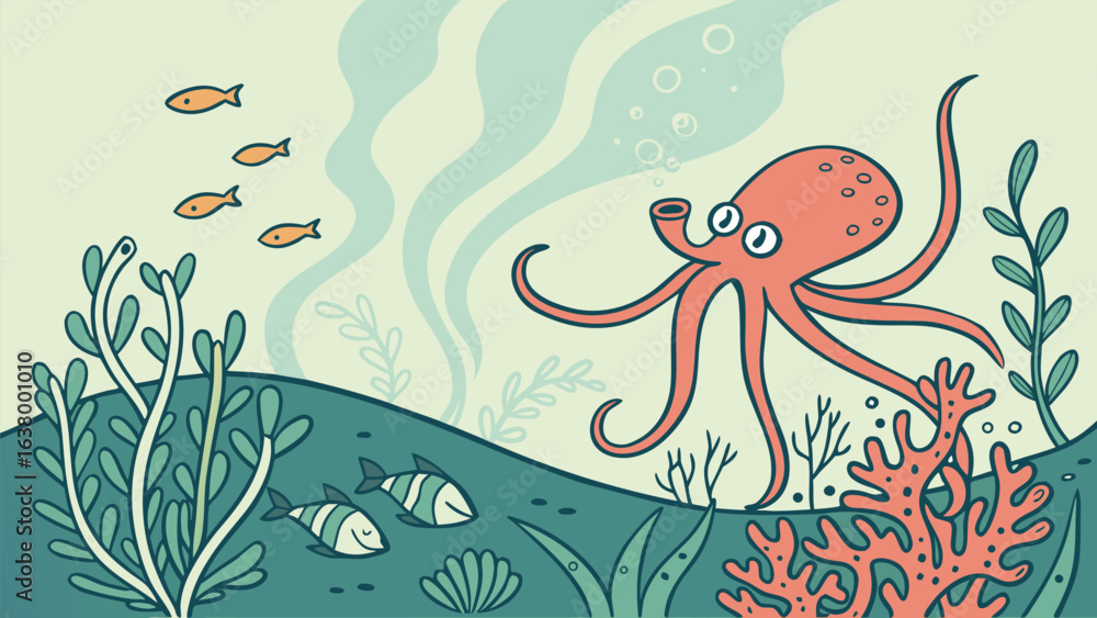 Fototapeta premium Cartoon underwater scene with an octopus, coral, seaweed, fish, and a seashell on the ocean floor