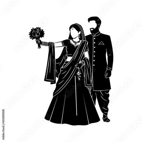 Minimal Hindu Wedding Bride Bouquet Groom Behind Vector Illustration