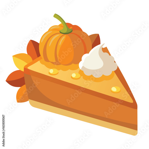 Pumpkin pie slice with whipped topping and autumn spices on rustic wooden table